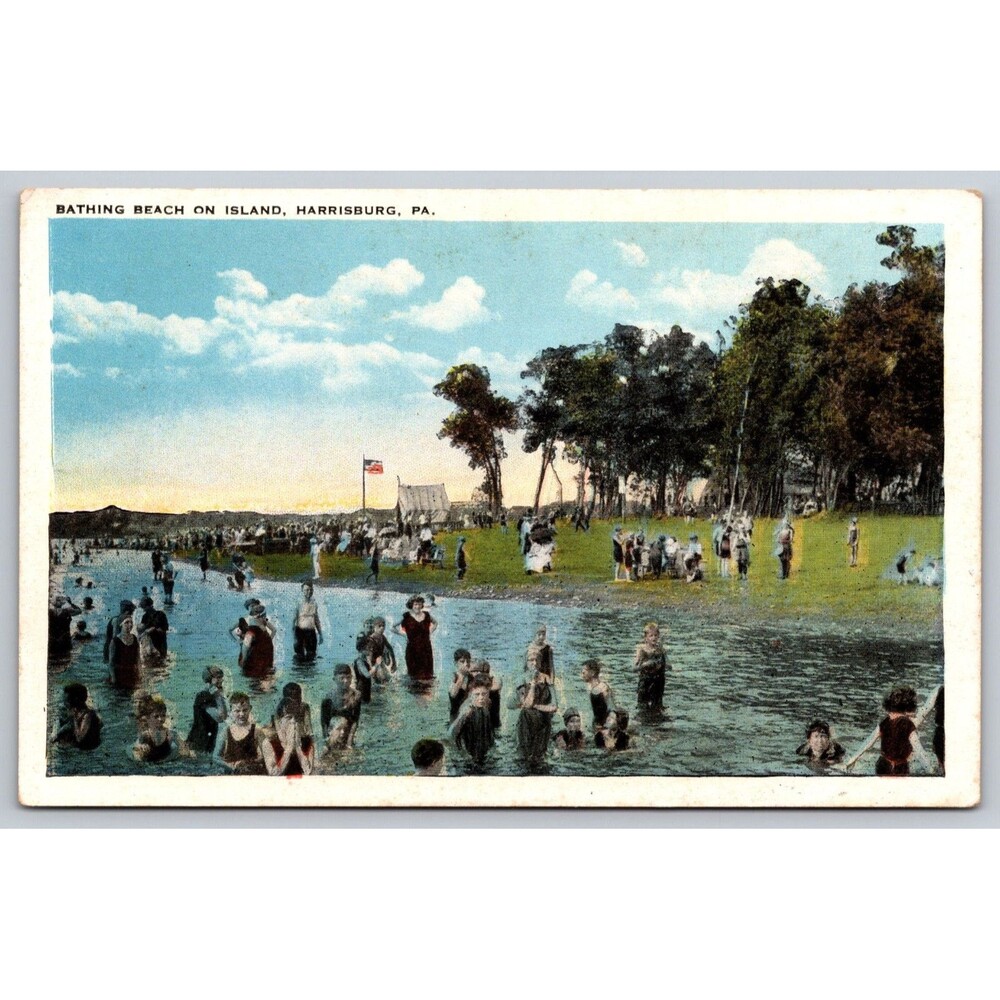 Harrisburg PA Bathing Beach on Island Vintage Postcard People Swimming Unused WB